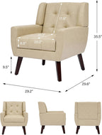 Accent Chair, Comfy Mid Century Modern Small Armchairs with Solid Wood Frame and Soft Cushion for Living Room, Bedroom (Faux Leather, Cream, Set of 2)
