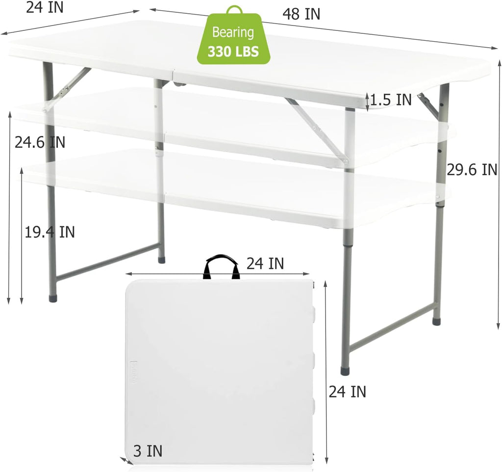 FurnitureR Adjustable Folding Table 4FT, Plastic Utility Table with 3 Height Settings, Fold-in-Half with Handle, Foldable and Portable for Indoor Outdoor Picnic Camping Party, White