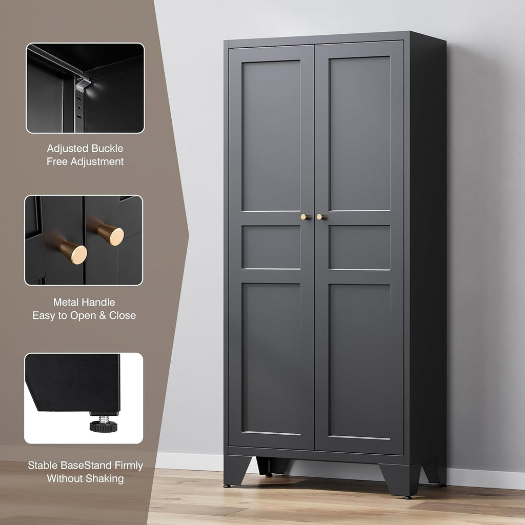 Yizosh Metal Pantry Cabinet,Tall Kitchen Pantry Storage Cabinet with Doors and Adjustable Shelves - 61" Black Cupboard Cabinet for Kitchen, Living Room,Dining Room,Home