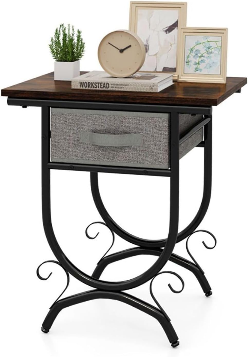 Side Table with Fabric Drawer & Metal Frame - Living Room, Bedroom - Black & Gray - 19" x 14" x 21"