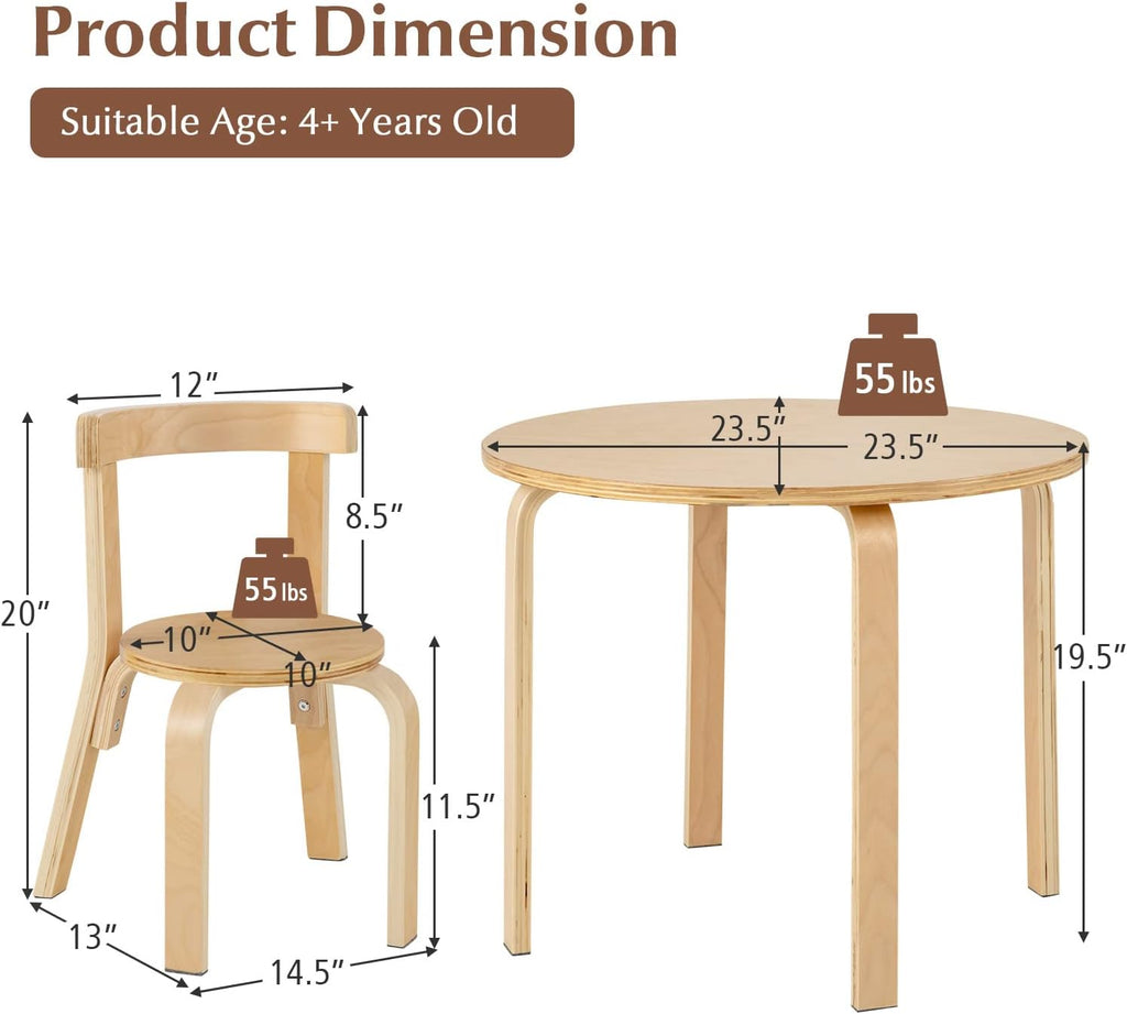GLACER Kids Table and Chairs, Brich Round Toddler Table and Chair Set with Toy Bricks, Smooth Surfaces & Ergonomic Backrest, Activity Desk for Playroom, Classroom, Daycare, or Home Use (Natural)