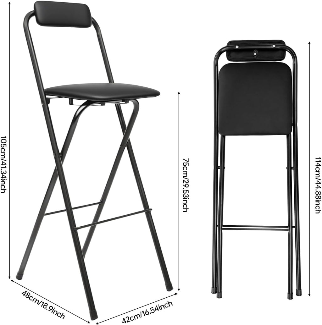 Folding Bar Stool with Back, 30 Inch Tall Foldable Bar Chair with Backrest Sponge Cushion, Counter Height Portable Folding Stool, for Kitchens Dining Rooms Bars Cafes (Black, 1Pcs)