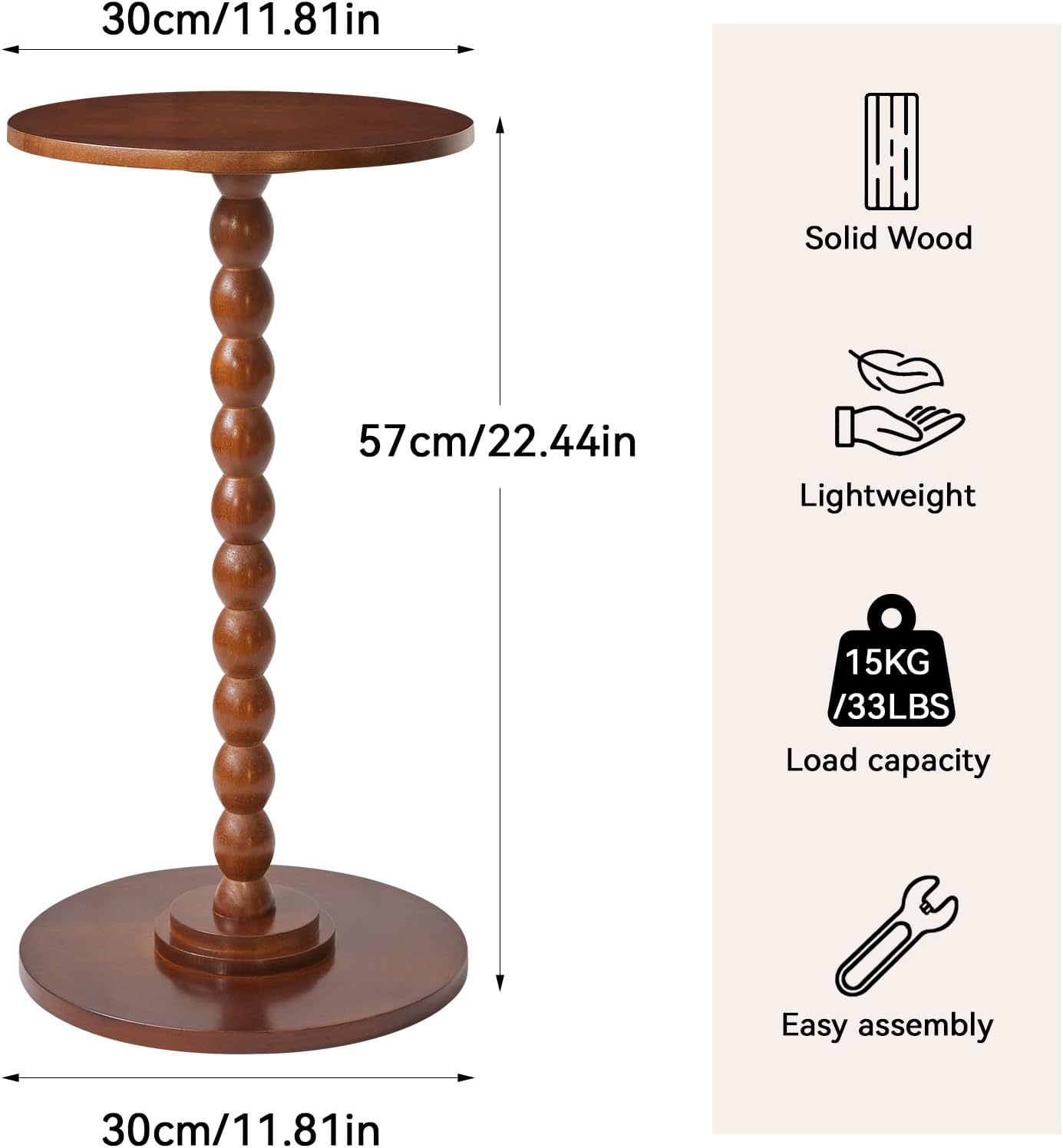 Aibiju Round Side Table, Solid Wood End Table, Small Drink Table Sofa End Table, Bedroom Small Corner Table, Sturdy Weight-Bearing Design Brown YD-RST001H