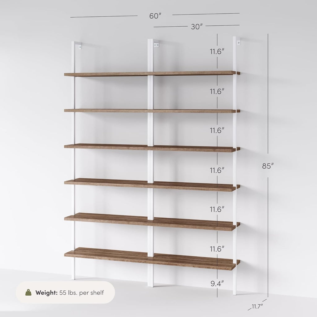 Nathan James Theo 6-Shelf Tall Bookcase, Wall Mount Bookshelf with Natural Wood Finish and Industrial Metal Frame, Rustic Oak/White, Set of 2