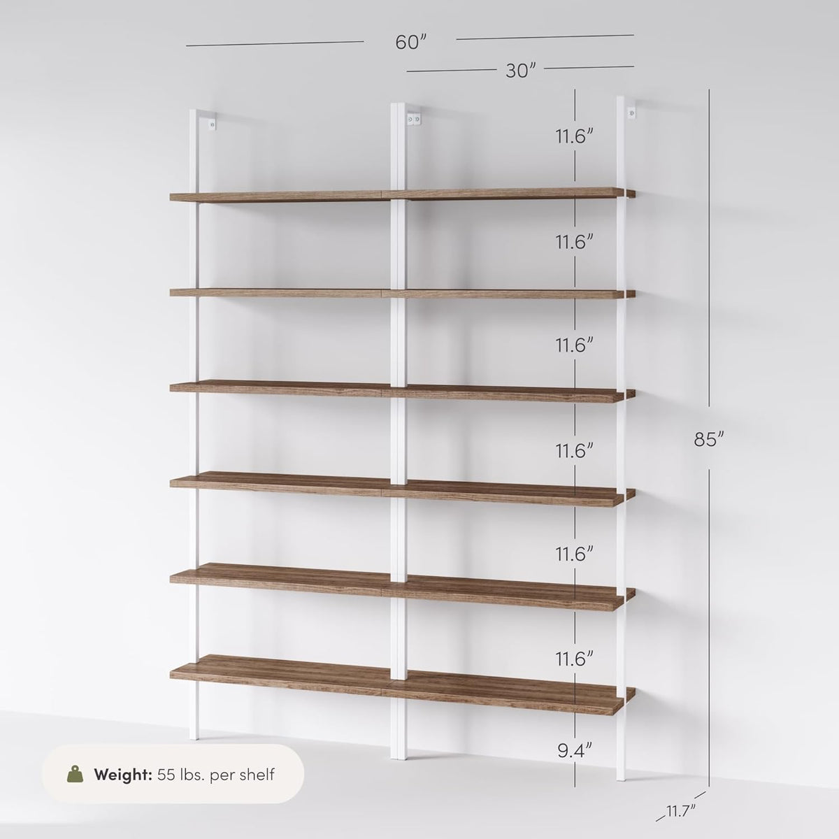 Nathan James Theo 6-Shelf Tall Bookcase, Wall Mount Bookshelf with Natural Wood Finish and Industrial Metal Frame, Rustic Oak/White, Set of 2
