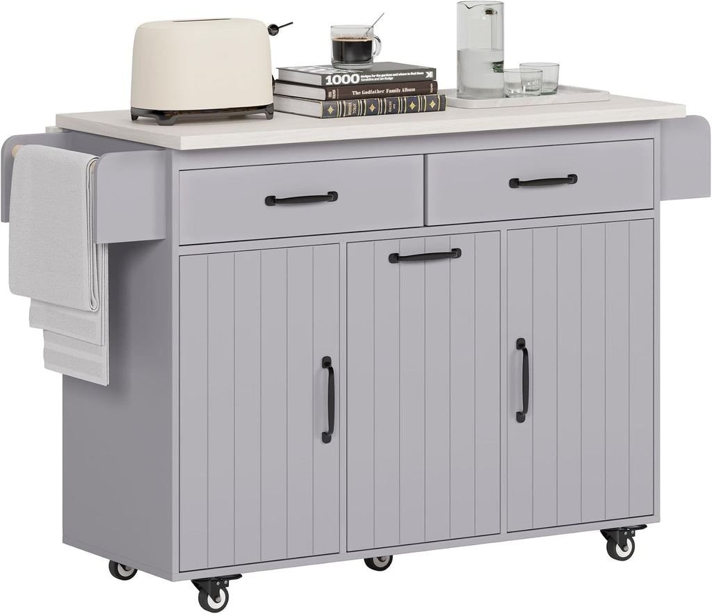 51" Rolling Kitchen Island with Tilt-Out Trash Cabinet & Drop Leaf | Tilt-Out Trash Cabinet, Drop Leaf Extension, Rolling Design, Kitchen Storage, 51 Inch Width