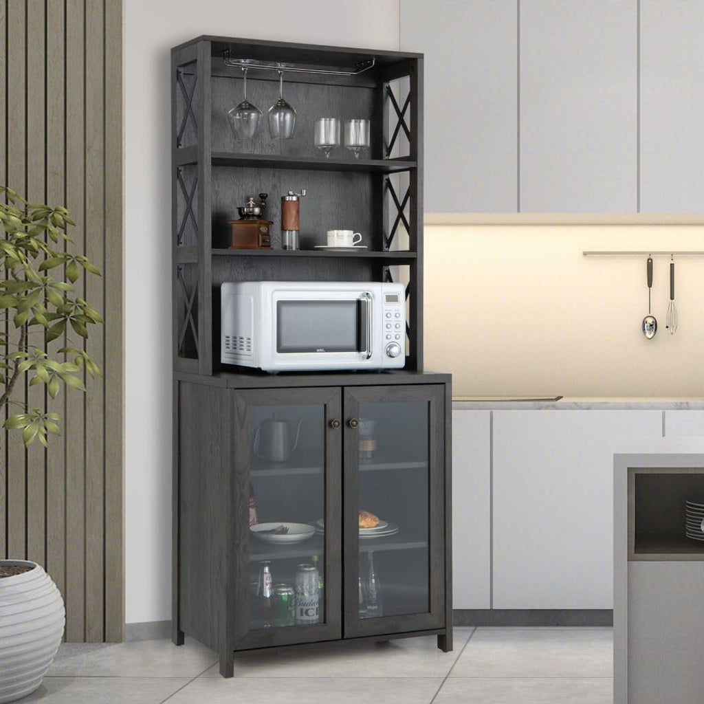 TANGZON Tall Kitchen Cupboard, Wooden Storage Sideboard with Adjustable Shelf, Glass Holder, Tempered Glass Door & Anti-toppling Device, Freestanding Pantry Cabinet Organiser for Dining Living Room