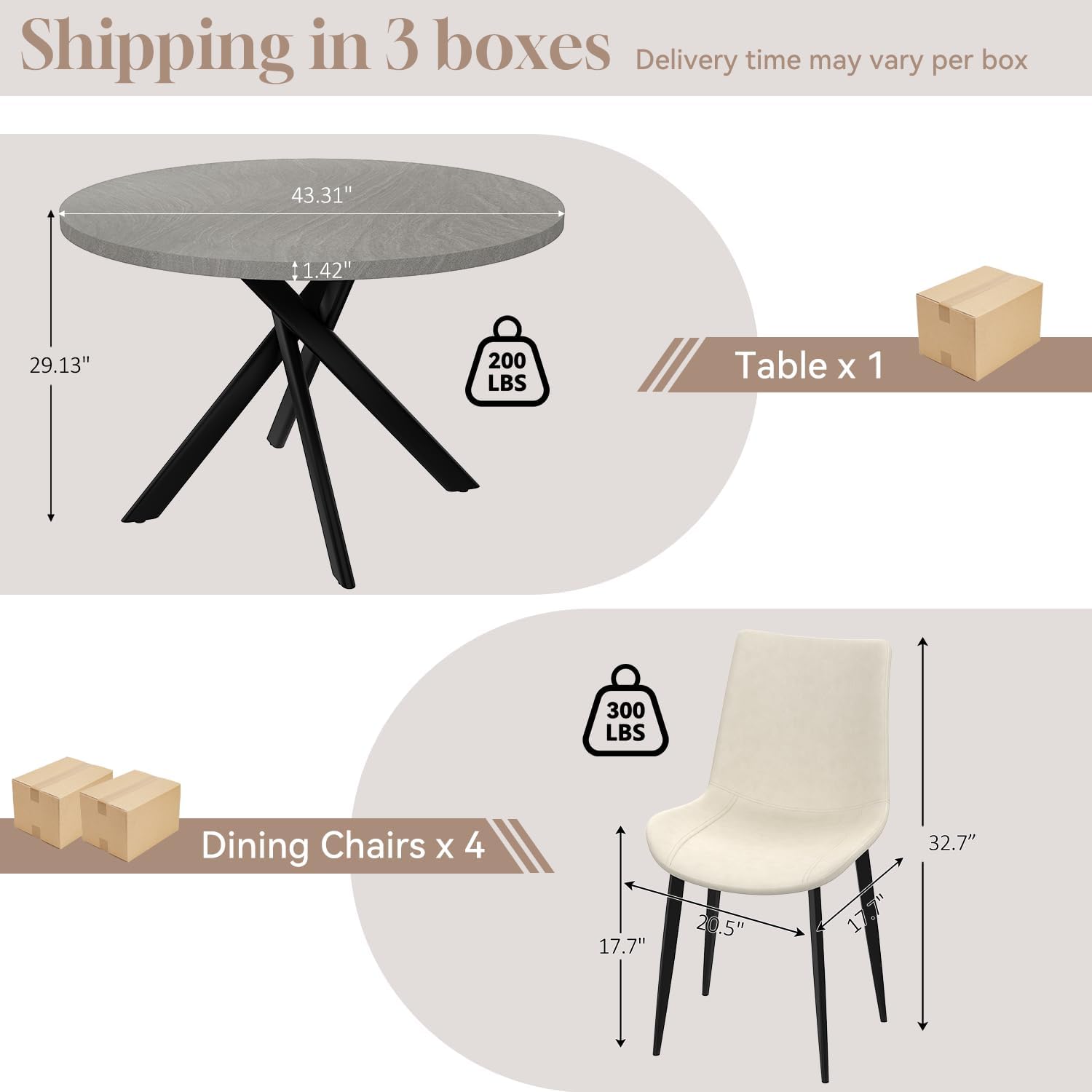 44" Round Dining Table with Chair Set for 4, Modern Mid-Century Dining Table Set of 4, Cozy Dinette Sets with Metal Leg for Kitchen Dining Room Apartment(Gray Table + Beige Chairs) | Cushioned Minimalist Beige Chairs of 4, Mid-Century Grey Tabletop