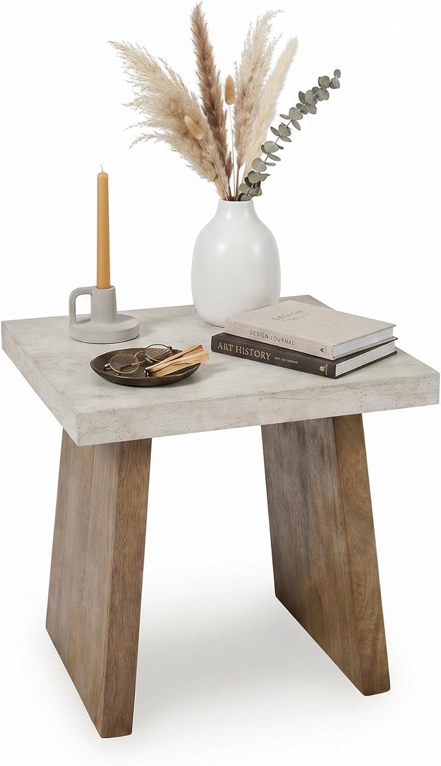 Signature Design by Ashley Brendalhouse Casual End Table with Faux Cement Top and Double Plinth Base, Solid Mango Wood, Melamine Laminate, Casually Cool Design, Light Brown & White