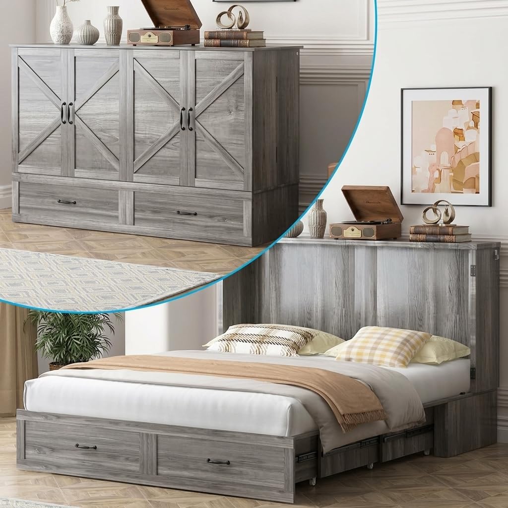 Mjkone 63" W Queen Murphy Bed, Cabinet Beds Queen Size with Built-in Charging Station and Drawer, Modern Cabinet Murphy Chest Bed, Hidden Guest Wall Beds, Space Saving - Grey (No Mattress)