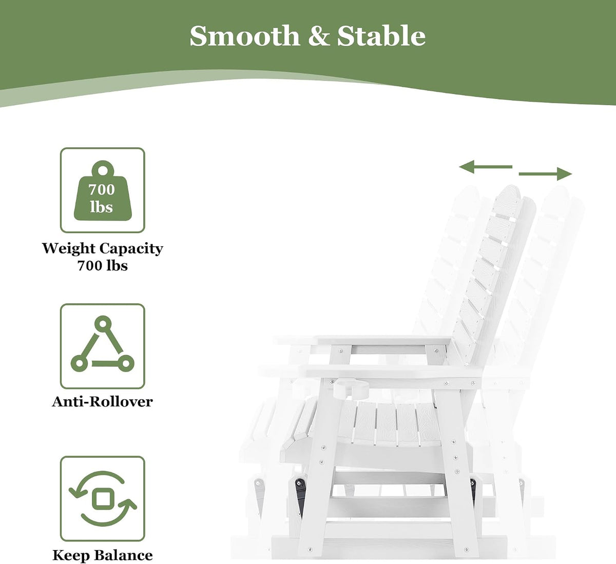 Poly Lumber Patio Glider with Cup Holders, High Backrest and Deep Contoured Seat, HIPS Material, All-Weather Resistant, Heavy Duty 700 Pounds (White, 1-Seat)