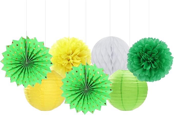 Yellow-White Green Party-Decorations Streamers-Lanterns - 14pcs Spring Summer Garden Tea Paper Fan,Birthday Baby Bridal Shower Wedding Tissue Pom Poms,Classroom Honeycomb Balls Decor Lasting Surprise