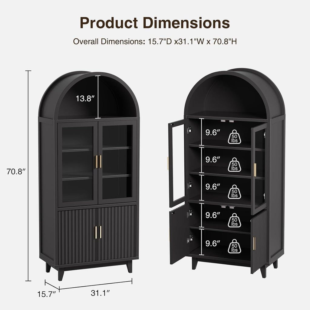 FiveWillowise Kitchen Pantry Cabinet with Glass Doors - Arched Design, Solid Wood Legs, Artistic Fluted Door, Adjustable Shelves, 70.8" Curved Storage Cabinet for Kitchen, Dining Room