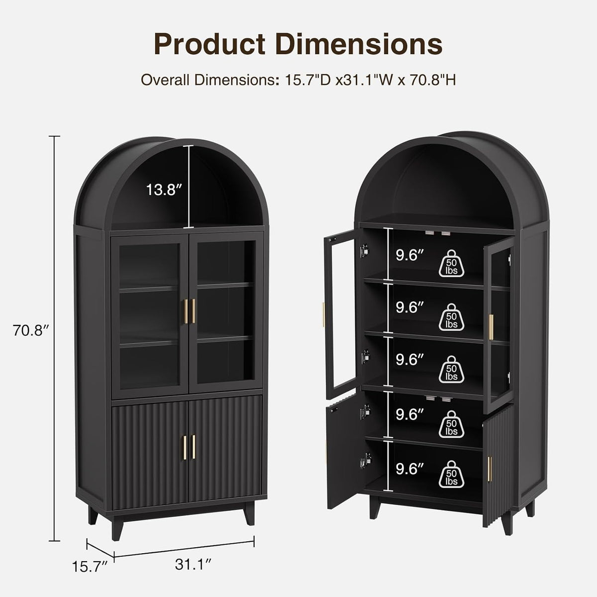 FiveWillowise Kitchen Pantry Cabinet with Glass Doors - Arched Design, Solid Wood Legs, Artistic Fluted Door, Adjustable Shelves, 70.8" Curved Storage Cabinet for Kitchen, Dining Room
