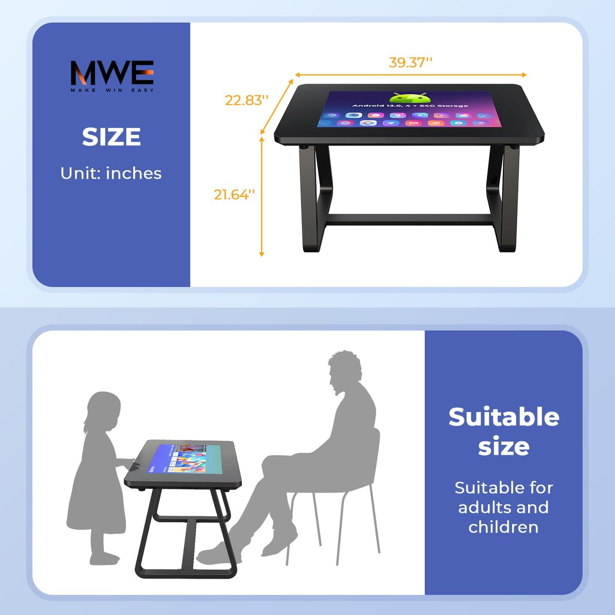 MWE 32 Inch Game Table, Multifunctional Touchscreen Table, Detachable Interactive Display for Indoor Entertainment, Meetings & Education, Android 13, 8+128GB