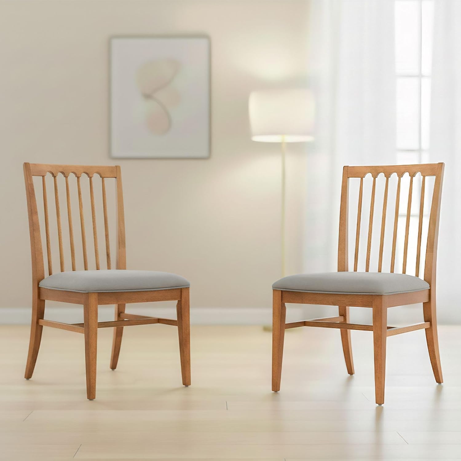 Wood Dining Chairs Set of 2, Upholstered Farmhouse Dining Room Chair, Chenille Armless Side Chair with Solid Rubberwood Legs, Rustic Wooden Kitchen Chair for Kitchen/Living Room, Grey