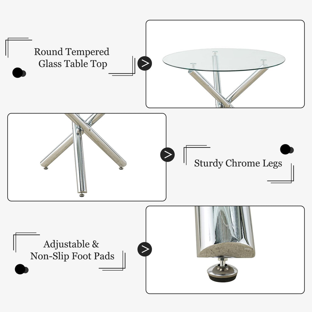 Modern Silver Round Glass Dining Table Set for 2, 36'' Luxury Minimalist Circle Dinette Room Set, 3 PCS Clear Circular Glass Top Kitchen Set, Black High-end Tufted Chairs, for Small Place