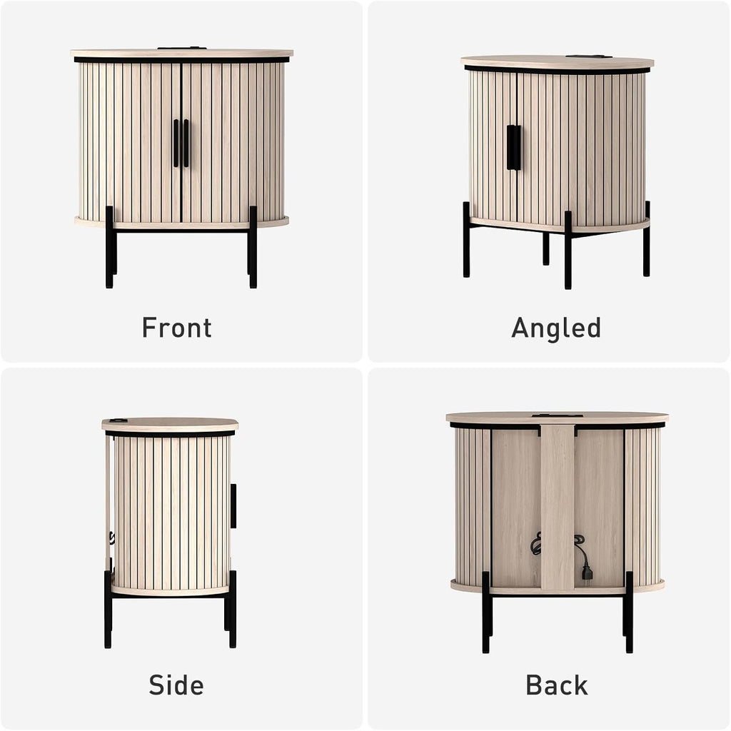 Bonzy Home Round Nightstand with Storage, Fluted Side Table with Charging Station, Mid Century Modern Bedside Table, End Table with Sliding Door for Living Room, Bedroom, Small Spaces, Oak