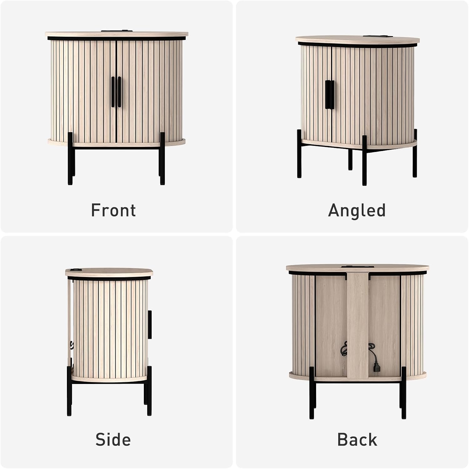 Bonzy Home Round Nightstand with Storage, Fluted Side Table with Charging Station, Mid Century Modern Bedside Table, End Table with Sliding Door for Living Room, Bedroom, Small Spaces, Oak