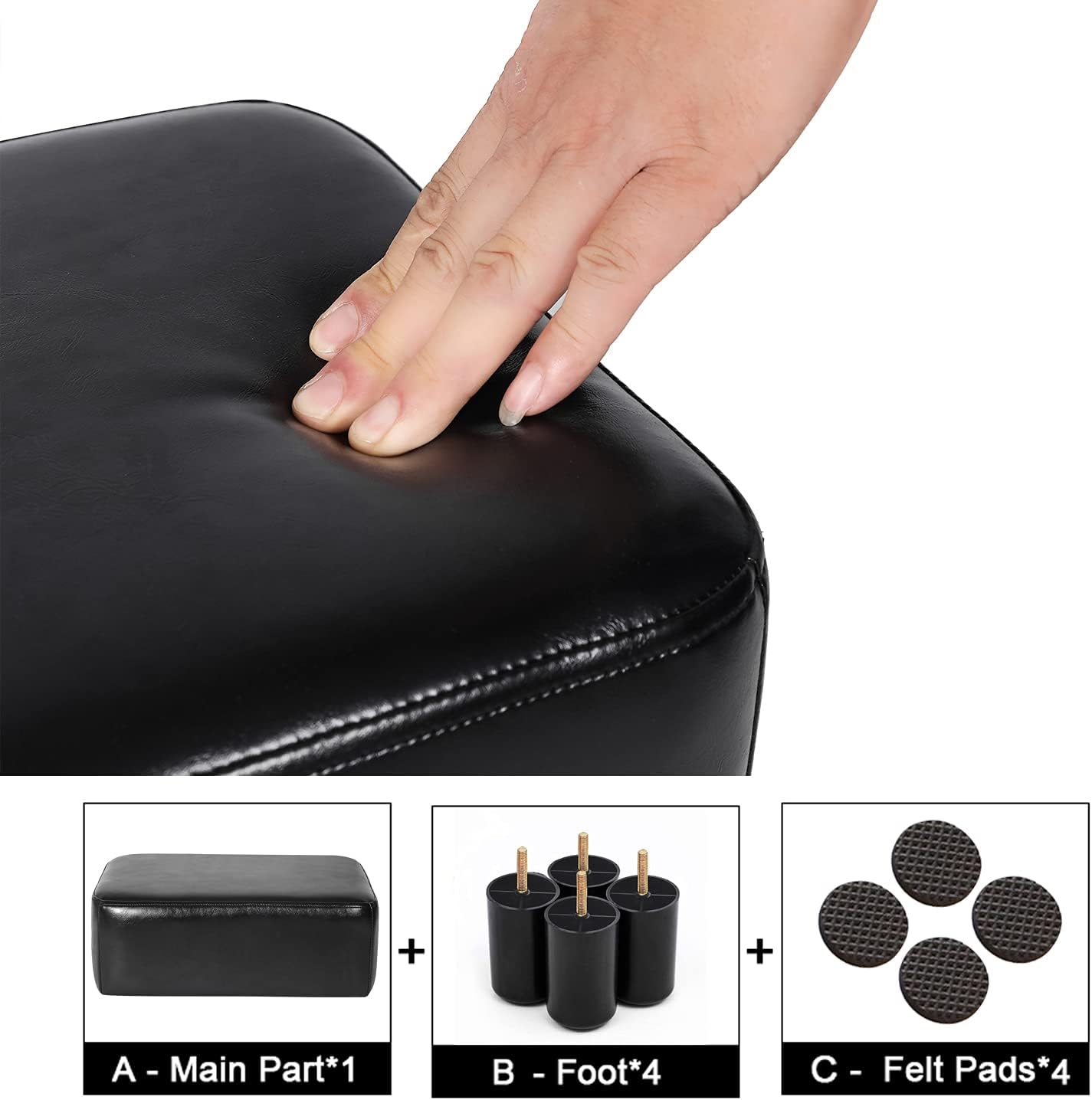 Homebeez 16" Small Footstool PU Leather Ottoman Footrest Modern Home Living Room Bedroom Rectangle Stool with Padded Seat Plastic Legs, Dark