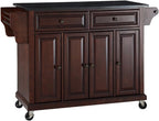 Crosley Furniture Full Size Granite Top Rolling Kitchen Island Storage Cart, Microwave Stand, Spice Rack, Mahogany