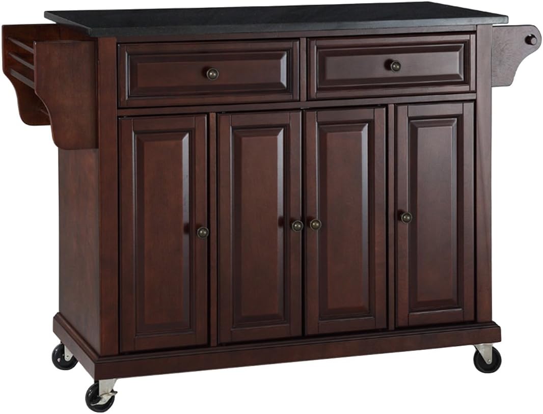 Crosley Furniture Full Size Granite Top Rolling Kitchen Island Storage Cart, Microwave Stand, Spice Rack, Mahogany