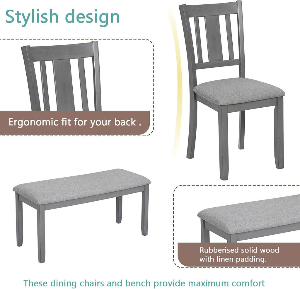 KEIKI 6-Piece Standard Height Dining Table Set with Rectangular Table, 4 Upholstered Slatted Backrset Chair, Bench, for 6 Person, Modern Style Table Set, Easy Assembly, for Kitchen, Dining Room, Gray