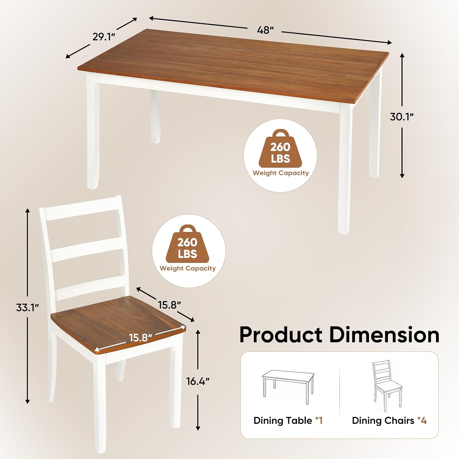 5-Piece Dining Table Set, Kitchen Table Chairs Set of 4, Space-Saving | Farmhouse Dining Table Set for 4, Kitchen Table and Chairs with for Dining Room, Small Kitchen, Apartment Dark Walnut White