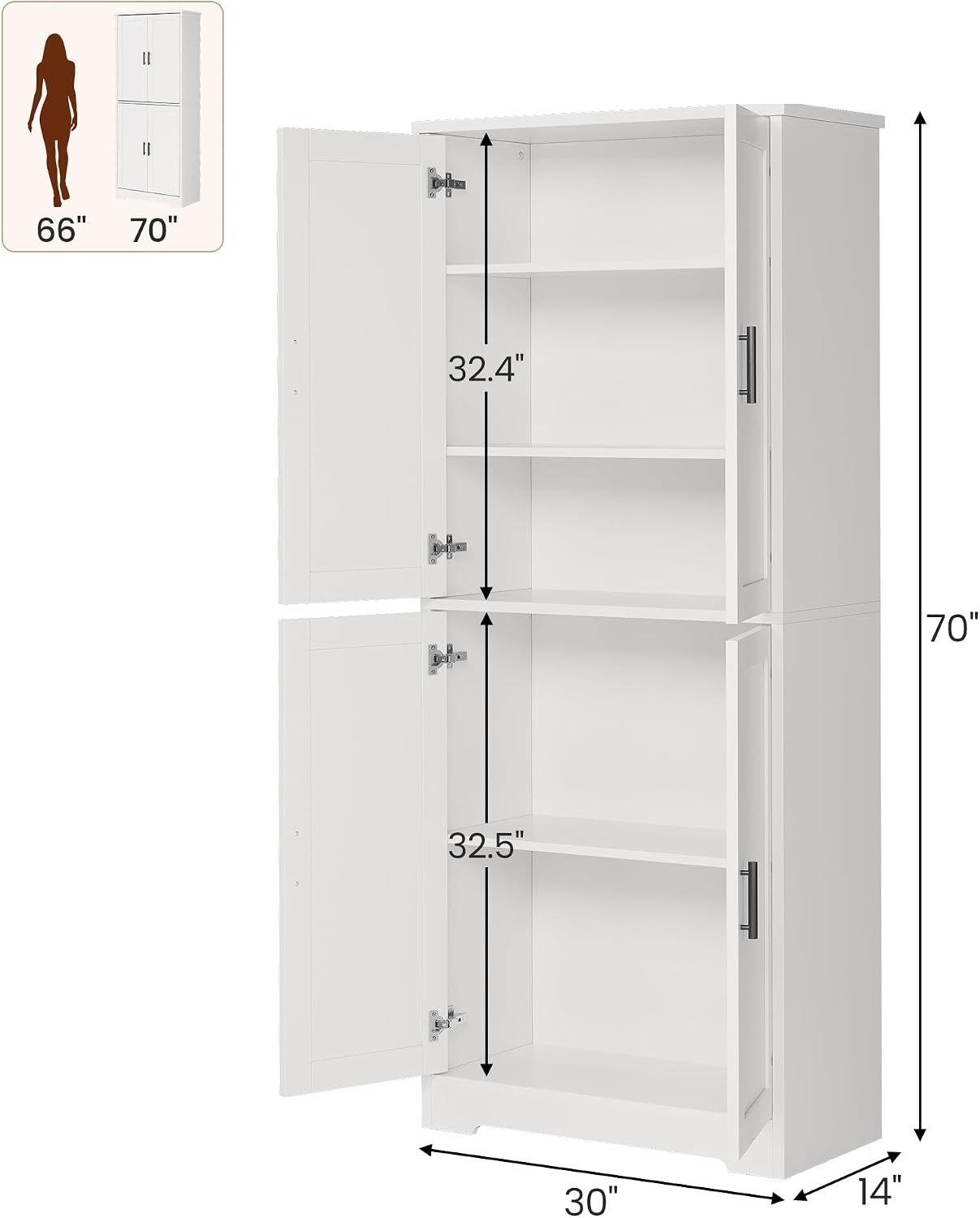 IDEALHOUSE Pantry Cabinet,70" Tall Kitchen Pantry Cabinet with 4 Doors and 3 Adjustable Shelves, Freestanding Cupboard, Modern Storage Cabinet for Bathroom, Dining Room, Living Room (White)