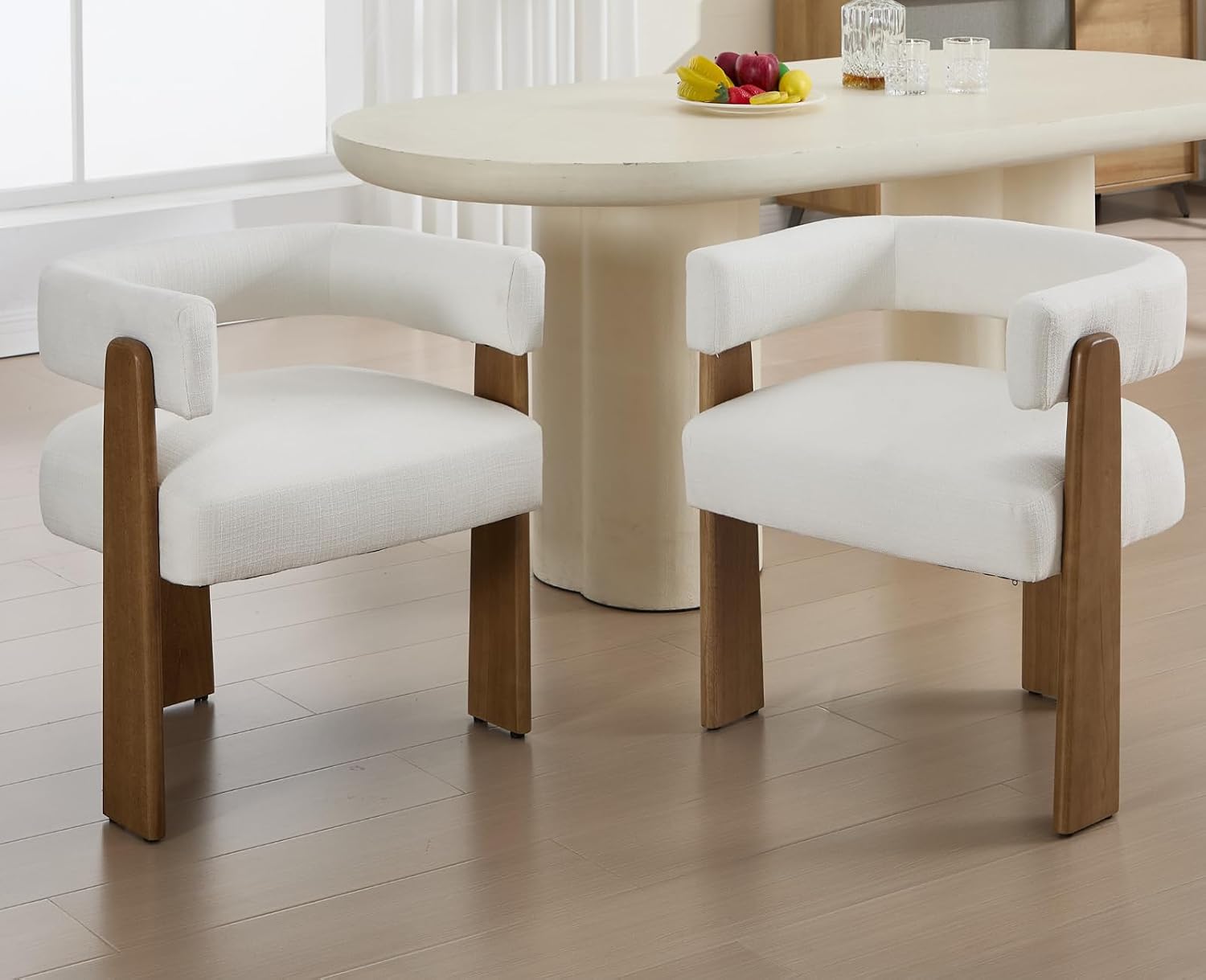 Shunzhi White Barrel Dining Chairs Set of 2 Modern Upholstered Dining Room Chairs with Arms/Open Back Farmhouse Wooden Linen Kitchen Chairs Comfy Accent Side Armchairs for Living Room