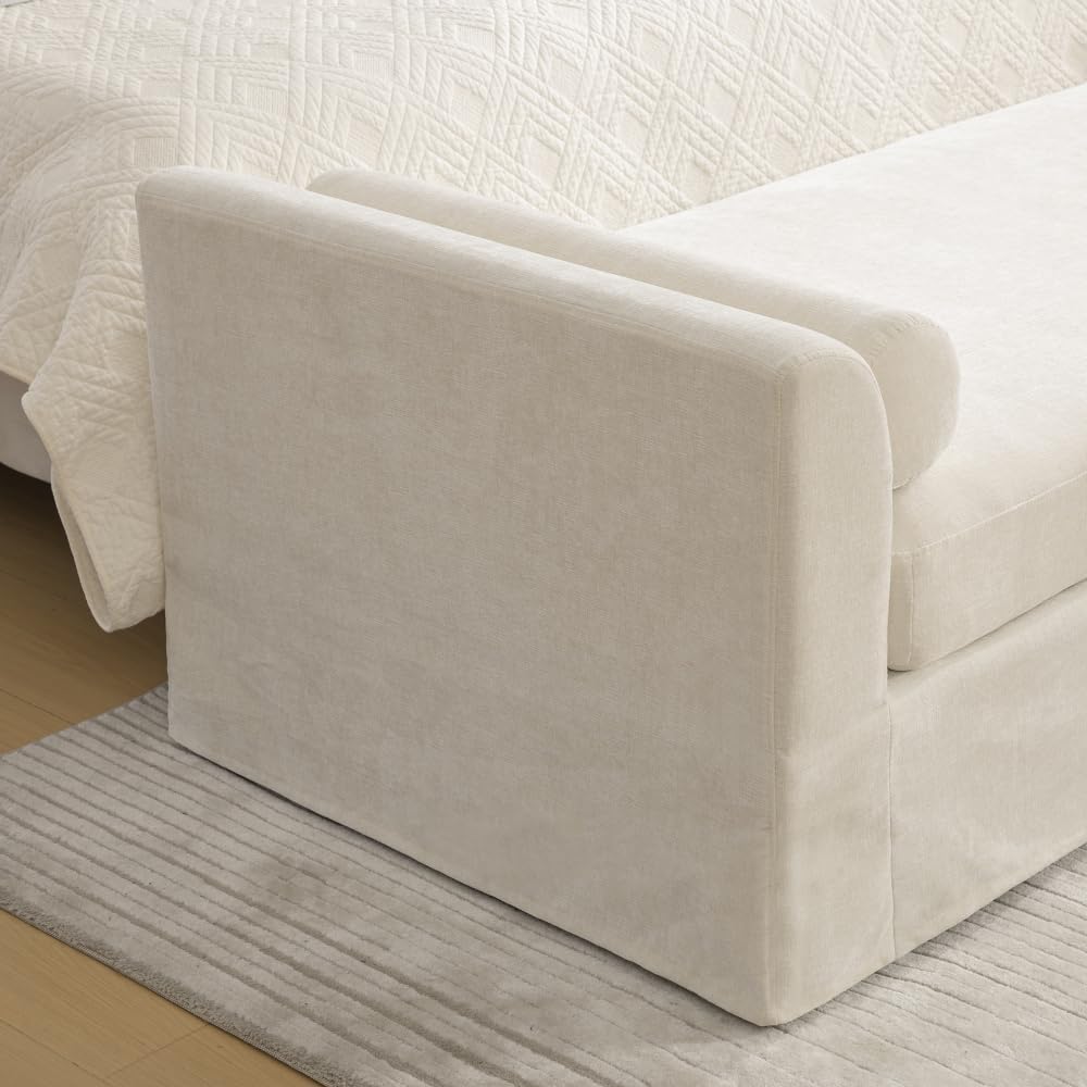 88.58" Chenille End of Bed Bench Chaise Lounge, Upholstered Bedroom Bench with Armrests & Bolster Pillows, PVC Legs for Living Room Entryway Apartment Dorm (88.58", Beige)