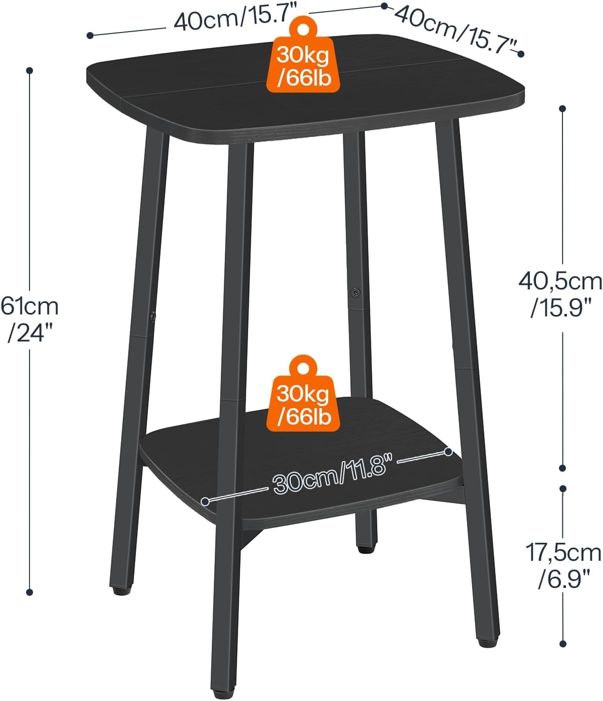 HOOBRO 2-Tier Square Side Table, Small Sofa End Table, Modern Nightstand with Storage Shelves for Small Spaces, Living Room Bedroom Accent Table, 15.7" L x 15.7" W x 24" H, Black BB181BZ01