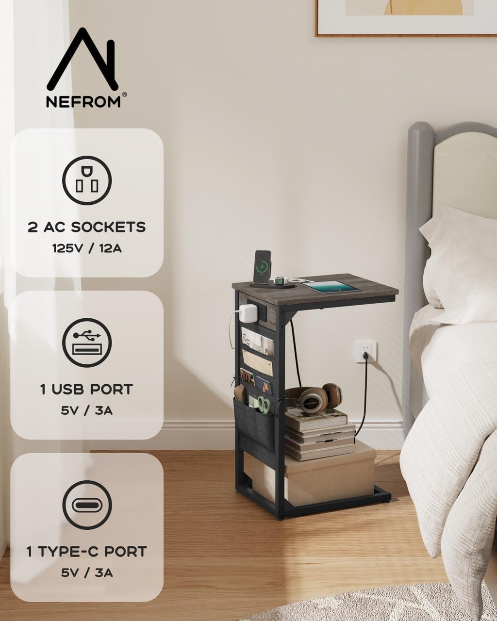 C-Shaped End Table with Fast-Charging Station, Small Couch Side Table with Storage Bag, Sofa TV Tray Table for Living Room, Bedroom, Bedside ET-GY-1