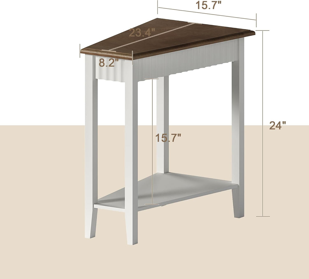 ChooChoo Wedge End Table, Narrow Triangle Side Table with 2-Tier Storage Shelf, Fluted Recliner Side Table for Corner, Living Room, Bedroom, Small Space, White