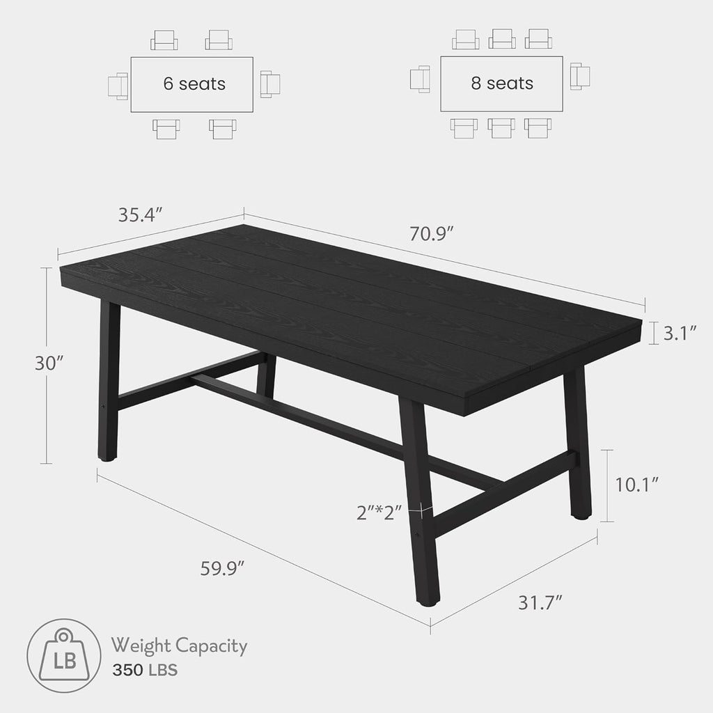 IDEALHOUSE Industrial Dining Table for 6-8 People, 70.87" Large Wooden Kitchen Table with Sturdy Metal Frame, Long Rectangular Dining Table Seats 6 for Dinner, Dining Room, Kitchen - Black