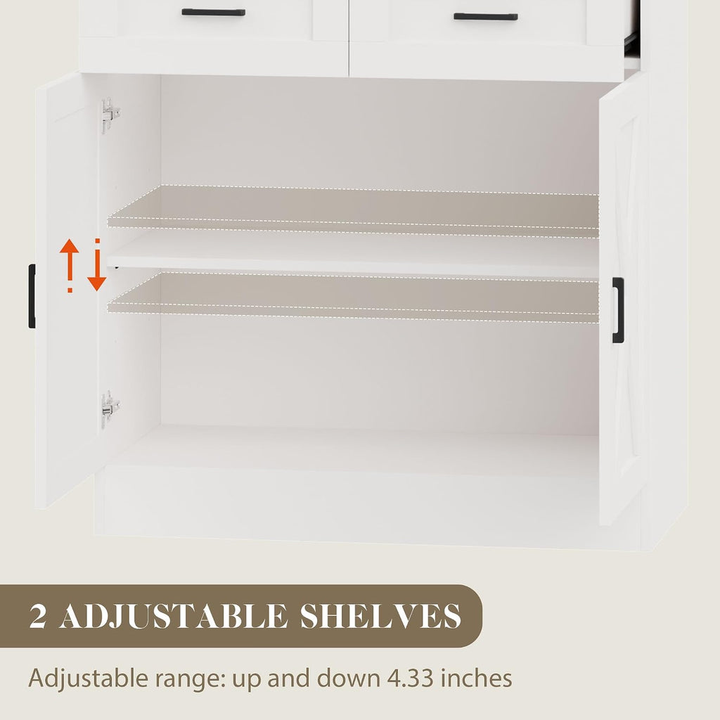 71“ Kitchen Pantry Storage Cabinet, Kitchen Hutch with Microwave Stand and Adjustable Shelves Freestanding Cupboard for Dining Living Room, White