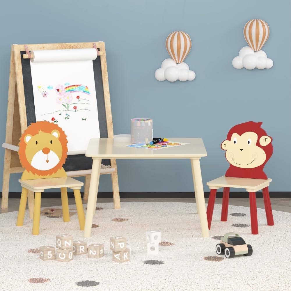 Kids Table and 2 Chairs Set, 3 Pieces Toddler Table and Chair Set, Wooden Activity Play Table Set (Lion&Monkey) (Yellow + Red)