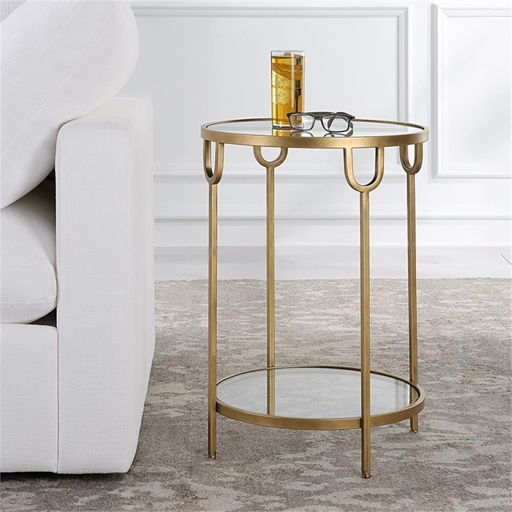 BOWERY HILL Round Two-Tier Iron Accent Table, Antique Gold Finish, Mirrored Top and Tempered Glass Shelf, 24.25" H x 17.25" W x 17.25" D, Elegant Design for Living Room or Bedroom Decor