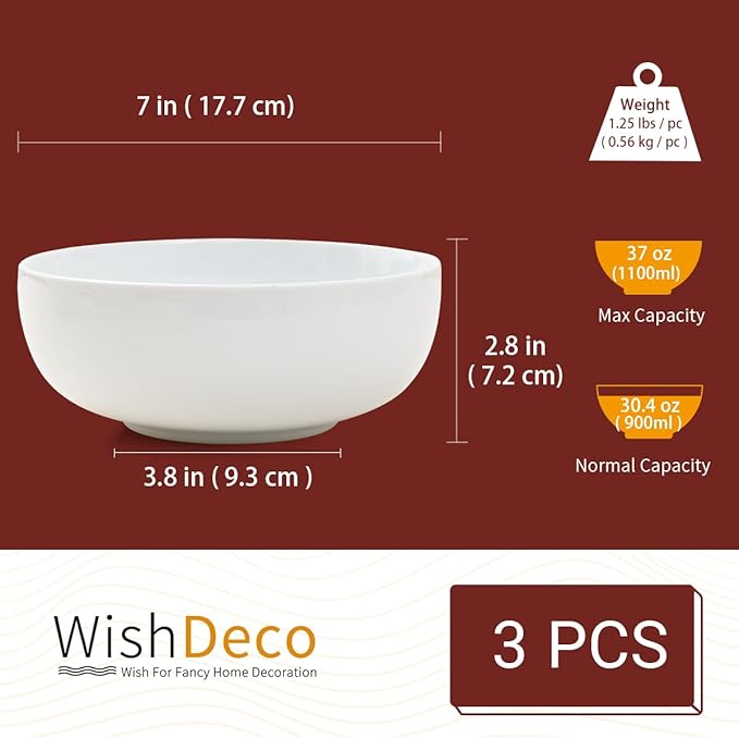 Large Soup Bowls Set of 3, Ceramic Salad Bowls 37 oz, White Pasta Bowls 7 inch, Serving Bowl for Cereal, Noodle Ramen, Pho, Fruit