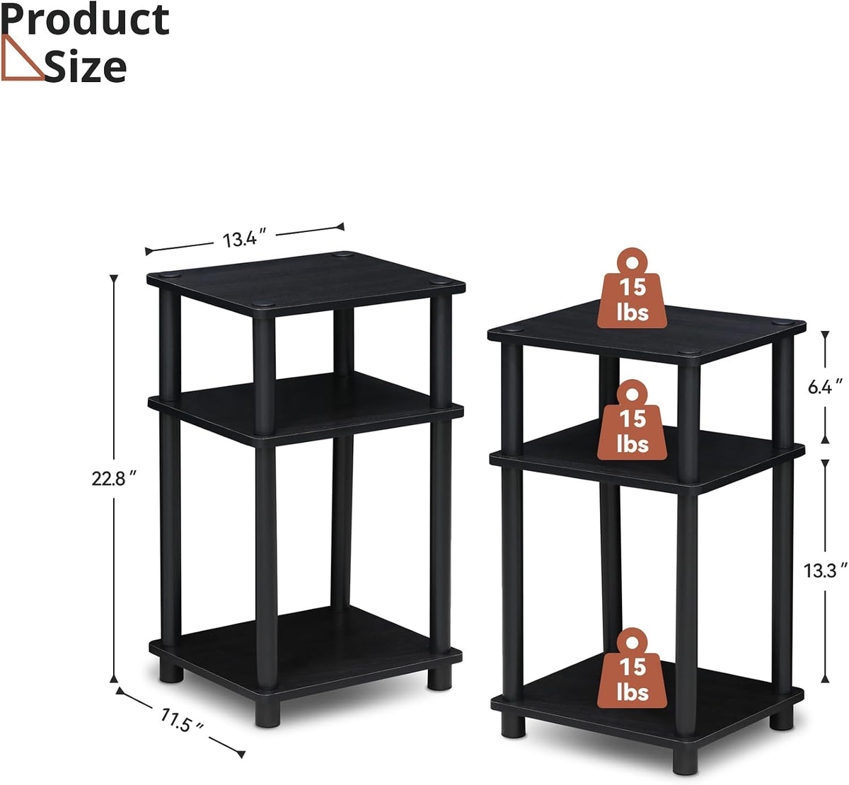 3-Tier Black End Tables Set of 2, Engineered Wood Small Side Tables with Storage Shelves, Small Nightstands for Bedroom, Living Room, Bathroom, Black