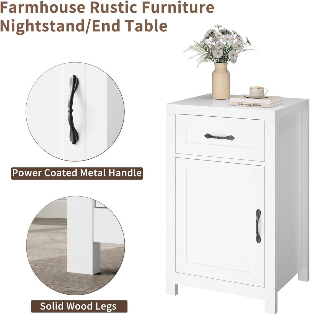 White Nightstand with Drawer, Farmhouse End Table with Storage Cabinet and Adjustable Shelf, 30" Tall Bedside Table Rustic Wood Sofa Side Table for Living Room, Bedroom
