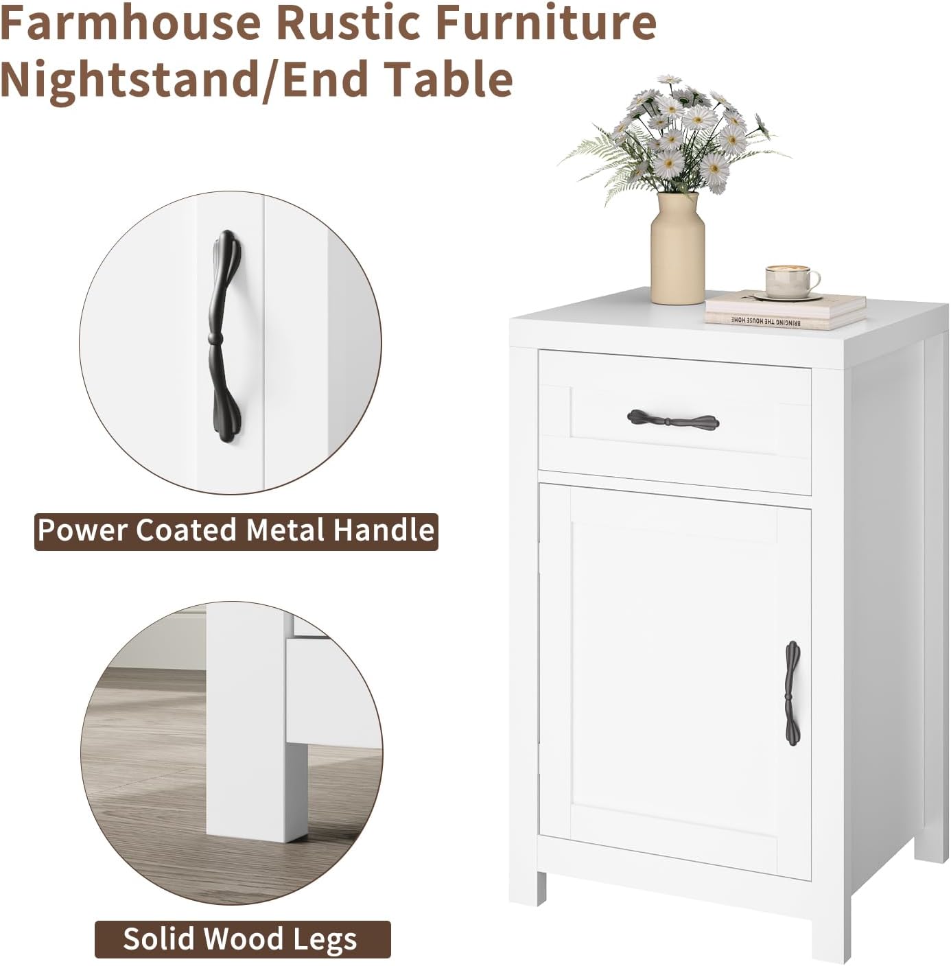 White Nightstand with Drawer, Farmhouse End Table with Storage Cabinet and Adjustable Shelf, 30" Tall Bedside Table Rustic Wood Sofa Side Table for Living Room, Bedroom