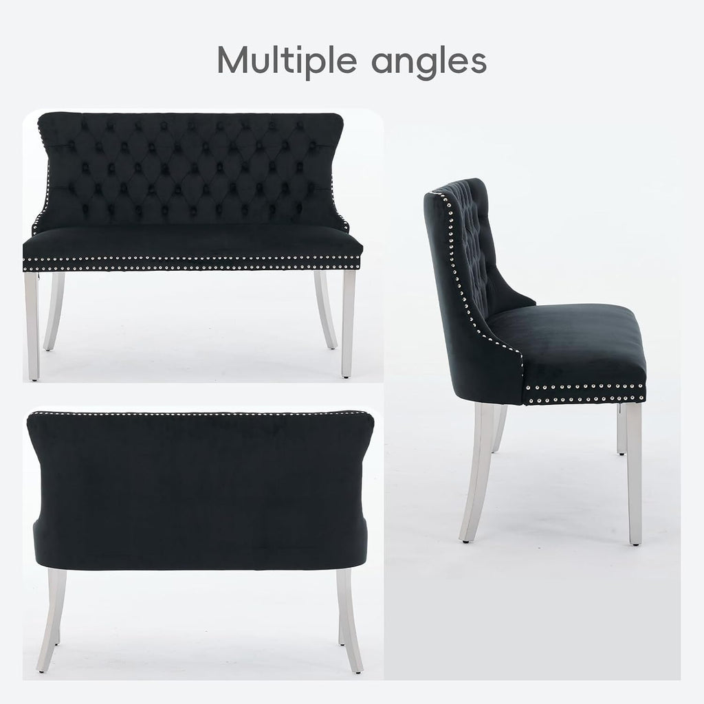 Black Velvet Dining Bench, Tufted Upholstered Dining Loveseat | Wing Back Seating with Silver Stainless Steel Legs, Modern Dining Room Furniture