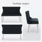 Black Velvet Dining Bench, Tufted Upholstered Dining Loveseat | Wing Back Seating with Silver Stainless Steel Legs, Modern Dining Room Furniture