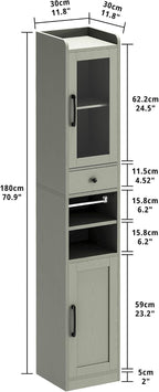 IRONCK Tall Bathroom Cabinet with Drawer and Door, 71" H Slim Freestanding Narrow Storage Cabinet with Adjustable Shelves, Retractable Toilet Paper Rod, for Small Spaces, 11.8" W Green
