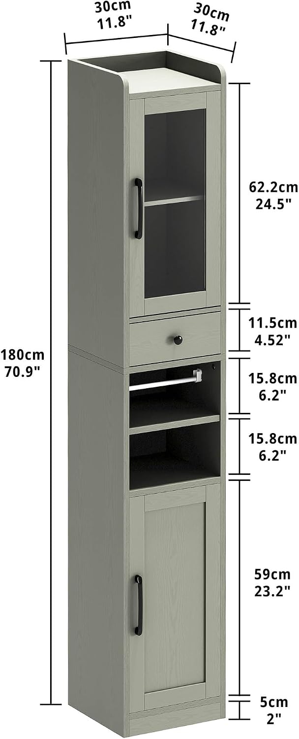 IRONCK Tall Bathroom Cabinet with Drawer and Door, 71" H Slim Freestanding Narrow Storage Cabinet with Adjustable Shelves, Retractable Toilet Paper Rod, for Small Spaces, 11.8" W Green