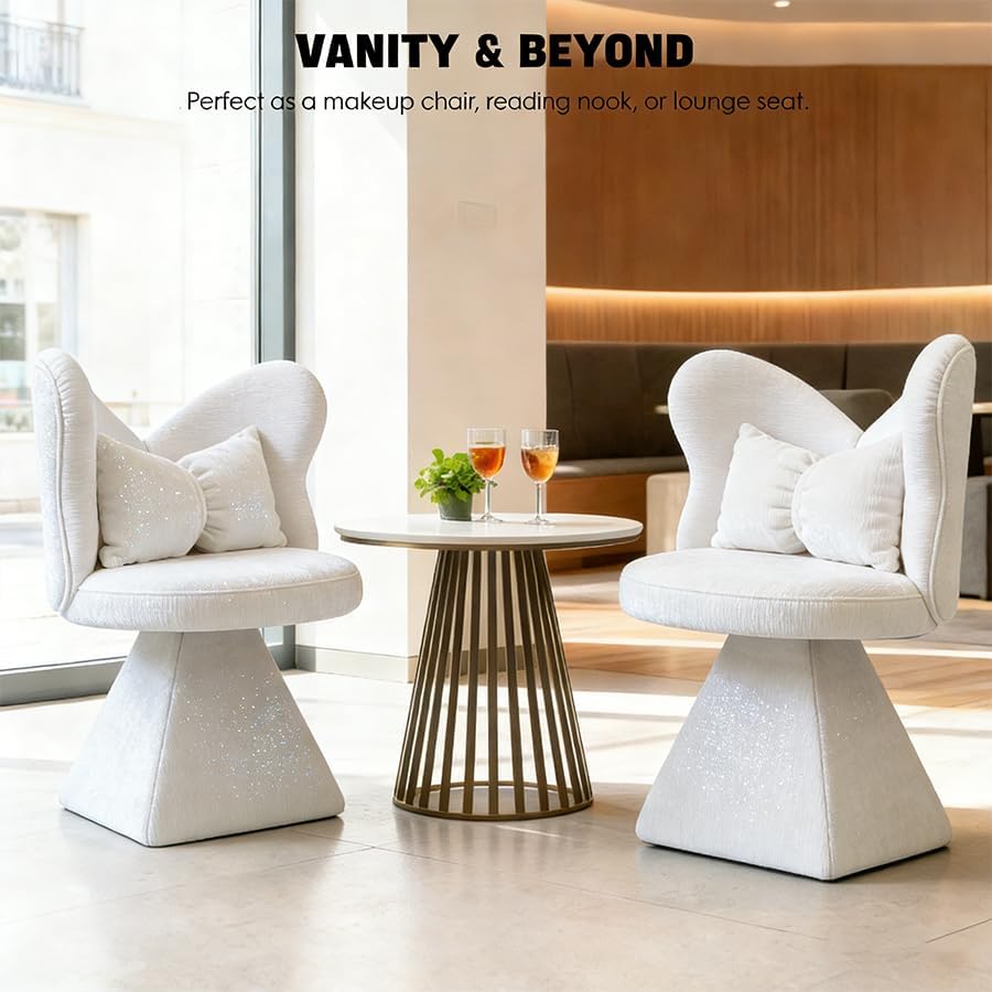 Bedroom Living Room Butterfly Back Chenille Velvet Vanity Stool, Triangular Solid Base 300LBS Heavy-Duty, 360° Swivel Accent Chair for Dressing Table & Dining Space, White