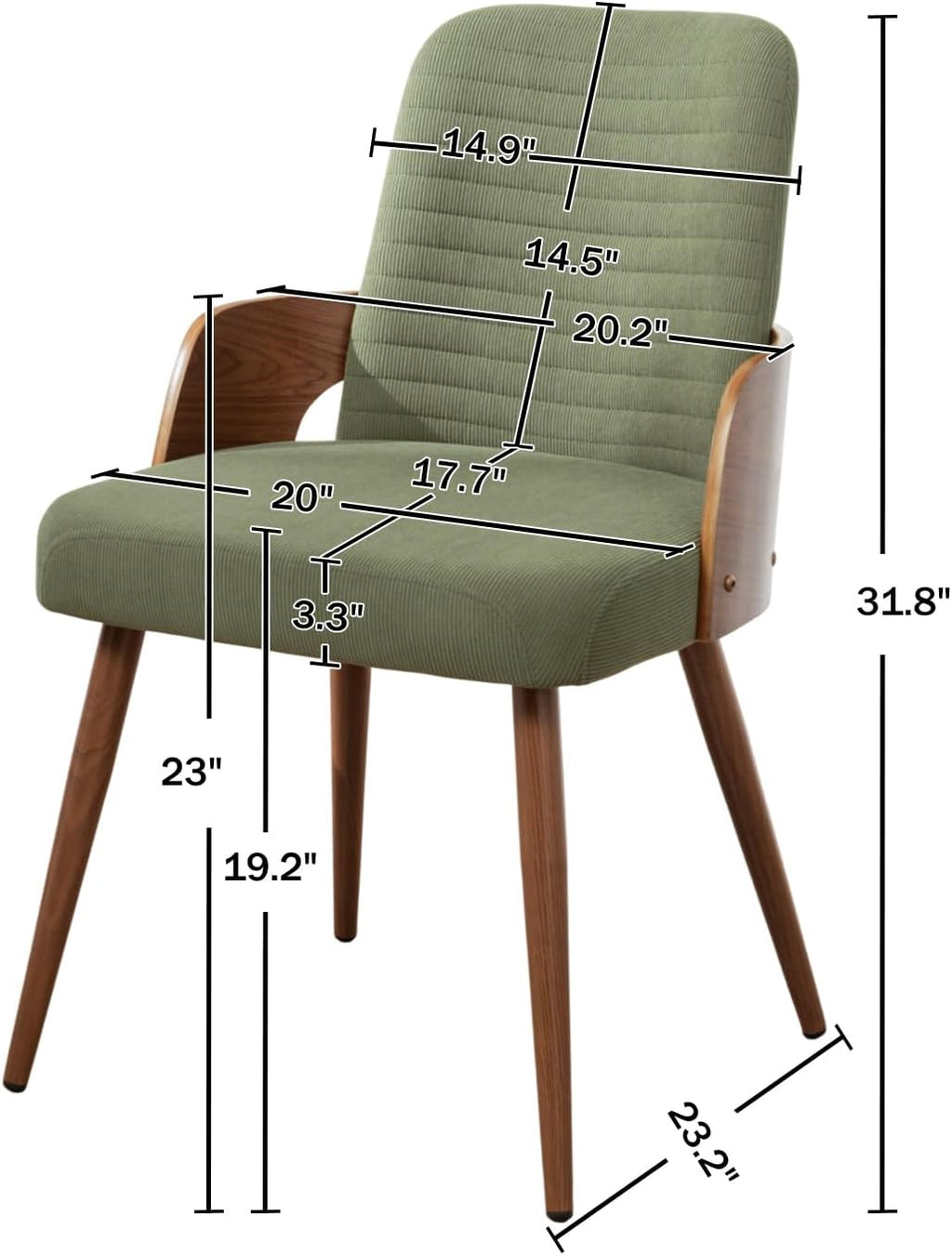 Dining Room Chairs,Mid Century Modern Kitchen Chairs,Green Corduroy Fabric Upholstered Accent Chairs,Metal Legs Wooden Desk Chairs,Armless and No Wheels for Kitchen Dining Room,1PCS