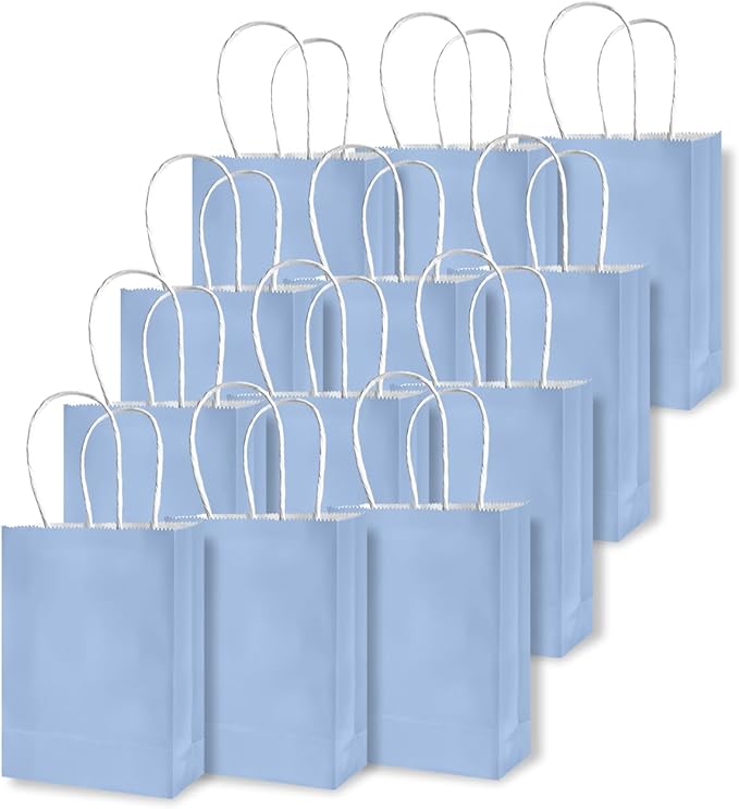 qiqee 50-Packs Light Blue Paper Gift Bags with Handles Bulk 4.5"x2.5"x6" Mini Size Party Favor Bags Multiple Uses