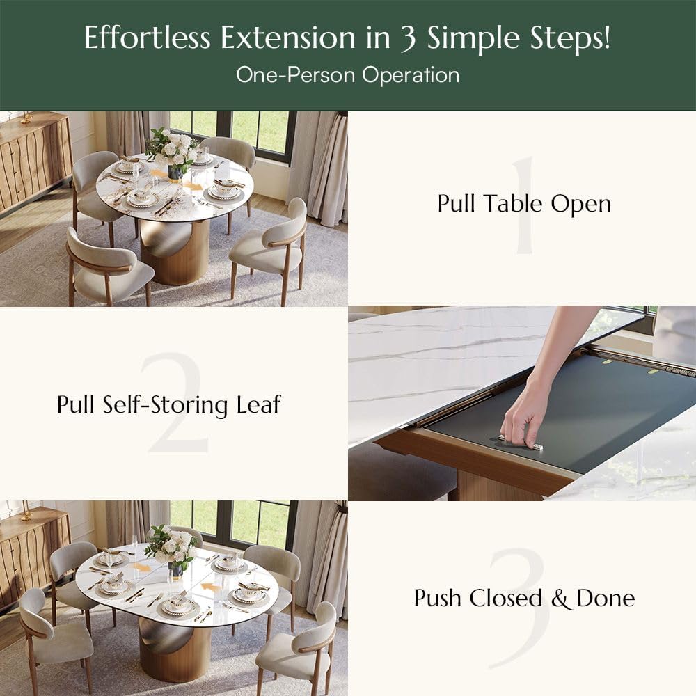 POVISON Modern Extendable Dining Table for 4-6, 47" to 63" Round to Oval Sintered Stone Kitchen Table with Carbon Steel Base, Mid-Century Dinner Tables for Dining Room, Glossy White（Table Only）